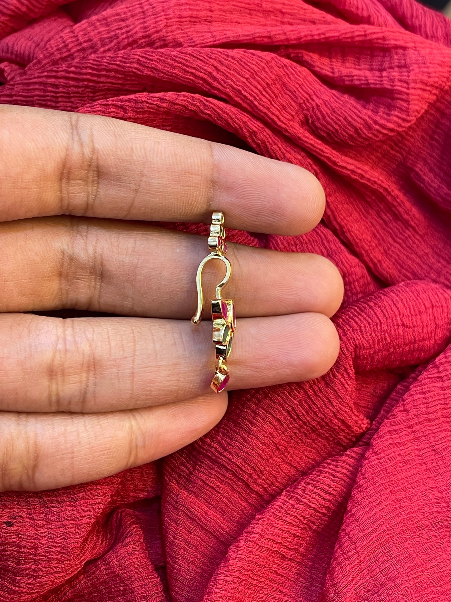 92.5 Silver Ruby Emerald Lotus Press-On Bugadi for Women | Temple Style Non-Piercing Ear Cuff | Traditional Jewellery