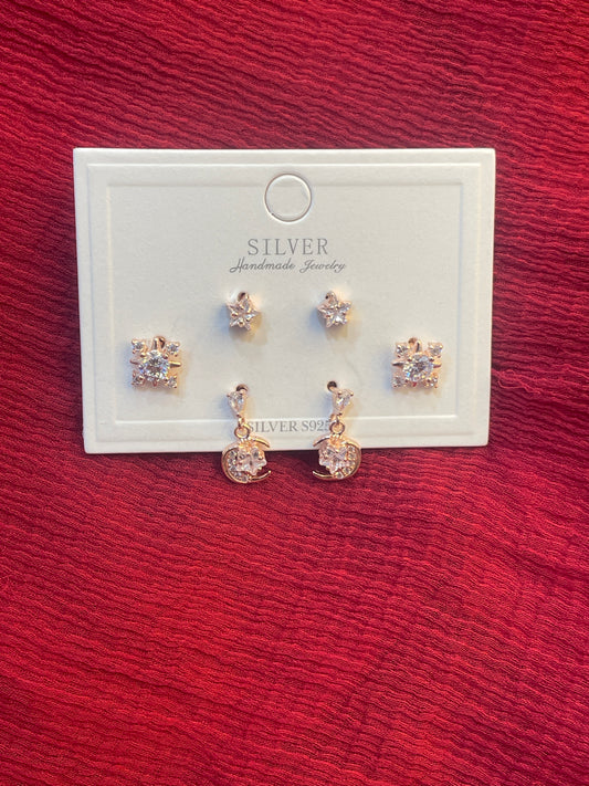 92.5 Silver Rose Gold Plated Moon Earrings Stack for Women | Celestial Stud Set | Elegant Layered Jewellery