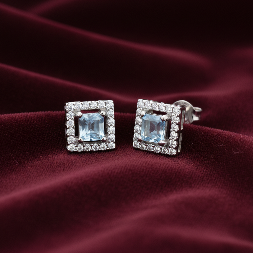 92.5 Sterling Silver Earrings for Women | Square Light Blue Stone with White Stone Halo