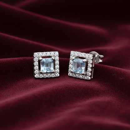 92.5 Sterling Silver Earrings for Women | Square Light Blue Stone with White Stone Halo
