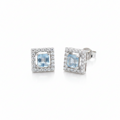92.5 Sterling Silver Earrings for Women | Square Light Blue Stone with White Stone Halo