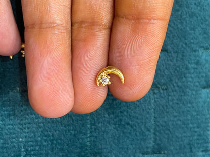 92.5 Silver Gold Plated Moon Second Studs | Stylish Celestial Design | Elegant Jewellery