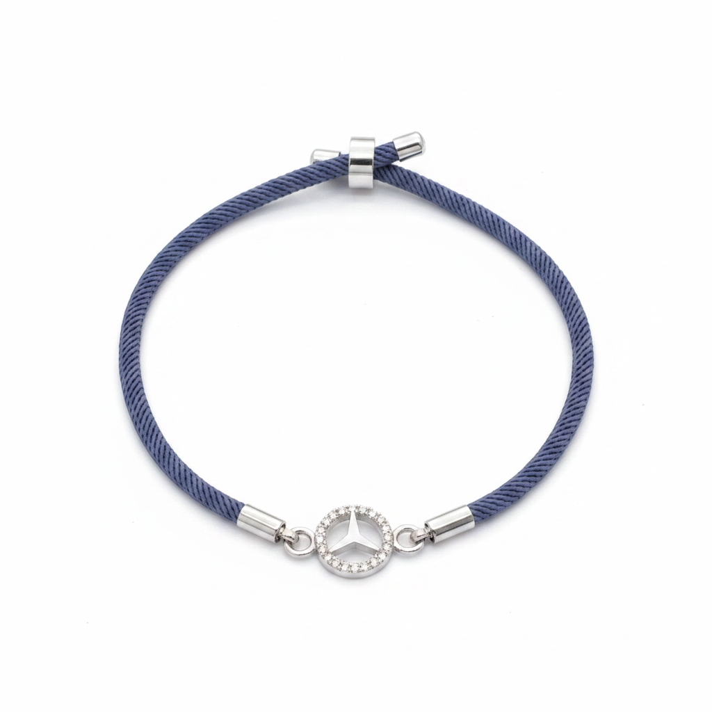 Silver-Plated Rakhi for Brother | CZ Mercedes Logo Charm on Navy Blue Silk Thread