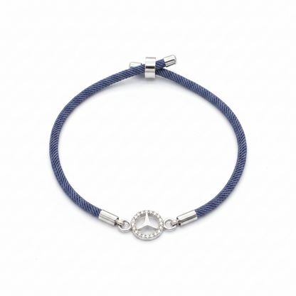 Silver-Plated Rakhi for Brother | CZ Mercedes Logo Charm on Navy Blue Silk Thread