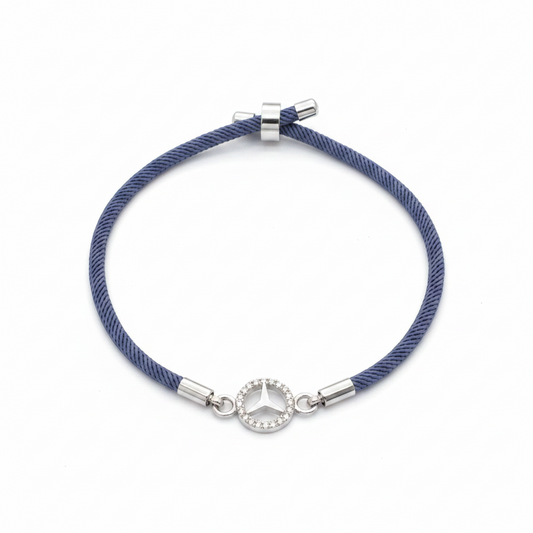Silver-Plated Rakhi for Brother | CZ Mercedes Logo Charm on Navy Blue Silk Thread