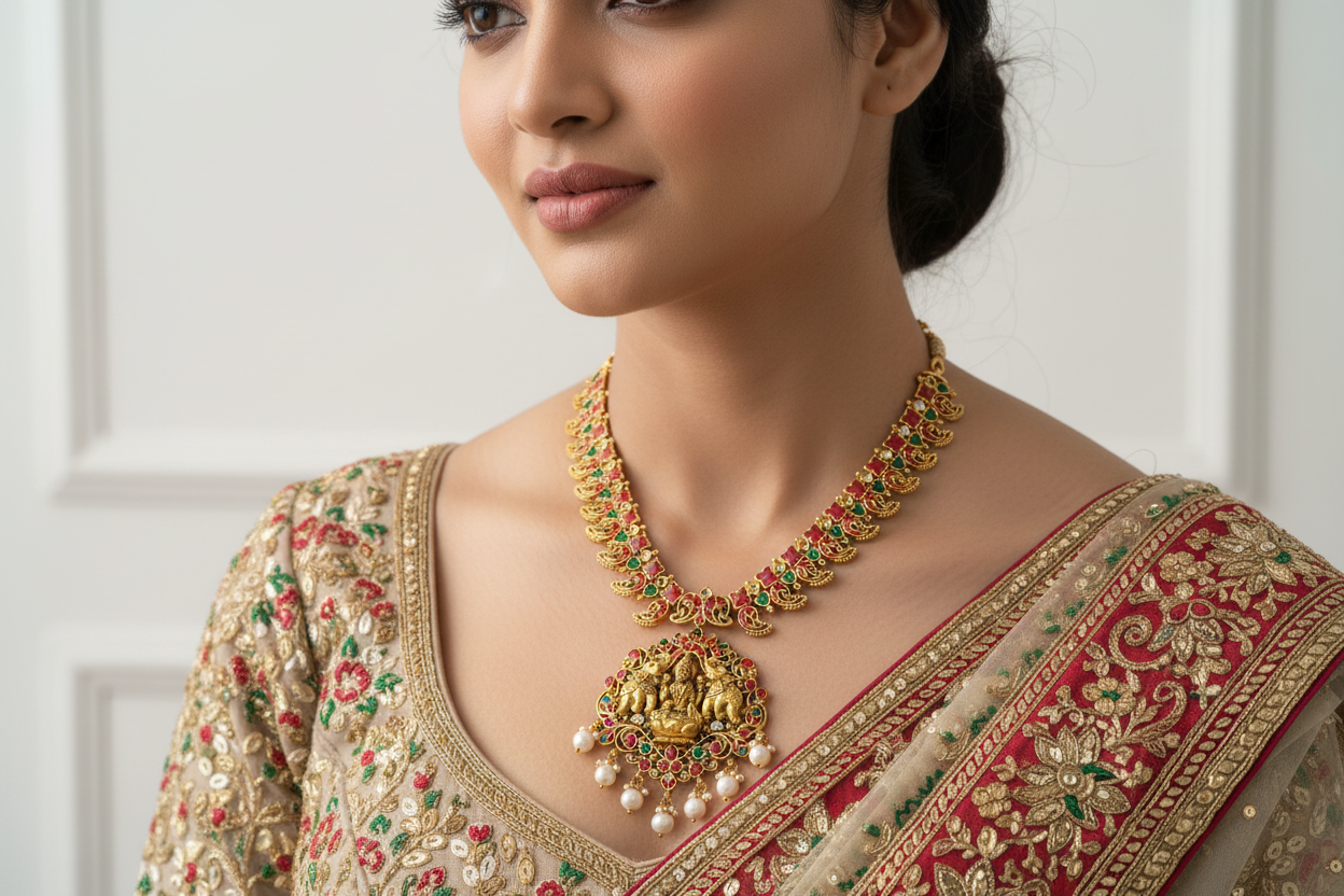 Silver traditional Lakshmi devi necklace gold plated