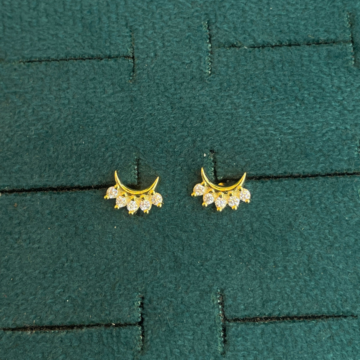92.5 Silver Gold-Toned Clear Stone Crescent Studs Pair