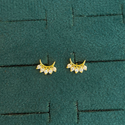 92.5 Silver Gold-Toned Clear Stone Crescent Studs Pair