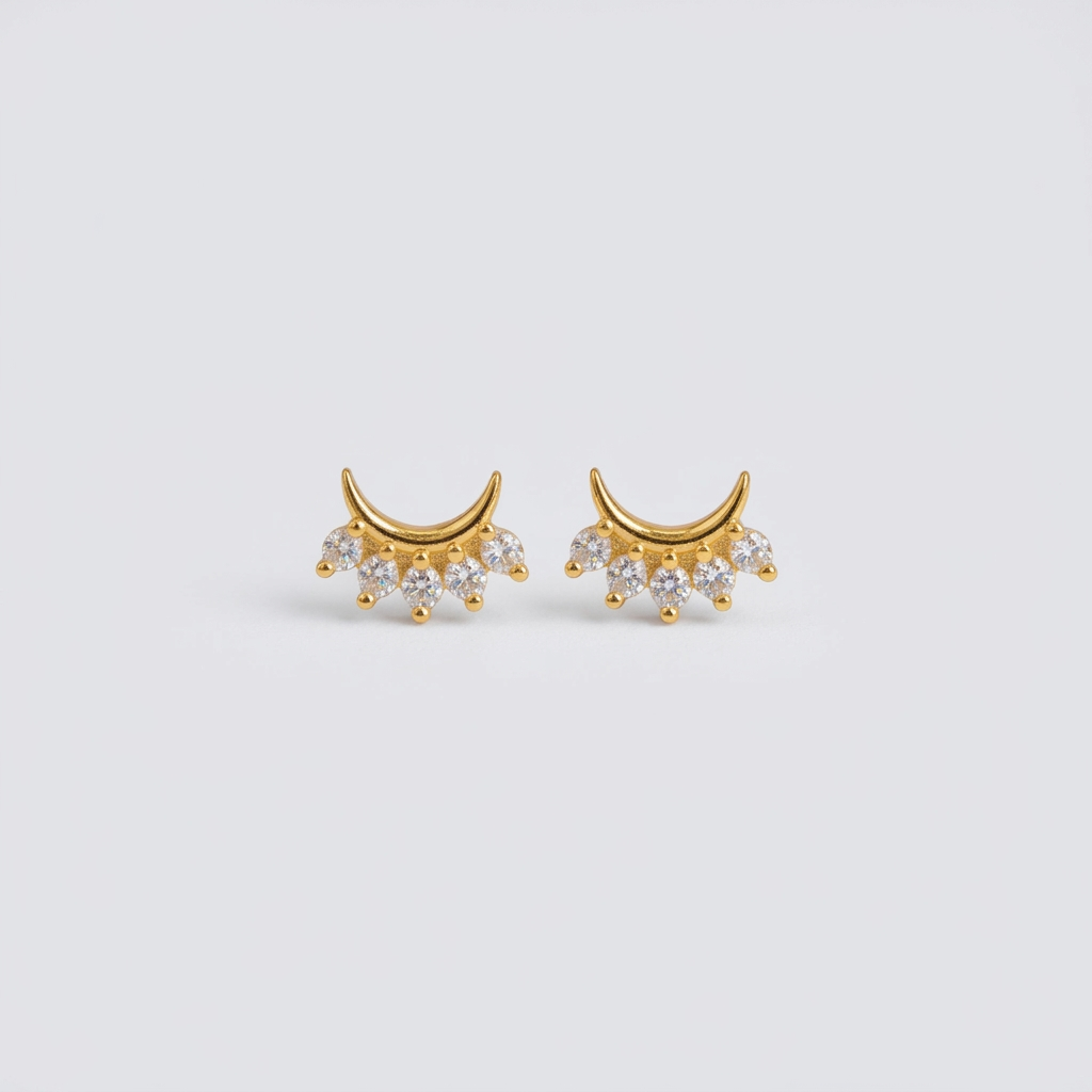 92.5 Silver Gold-Toned Clear Stone Crescent Studs Pair