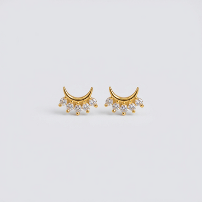 92.5 Silver Gold-Toned Clear Stone Crescent Studs Pair