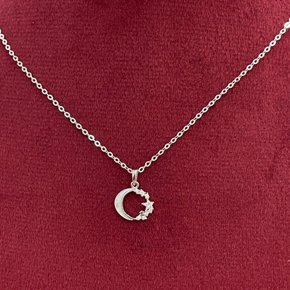 92.5 Silver Crescent Moon & CZ Star Pendant Necklace for Women