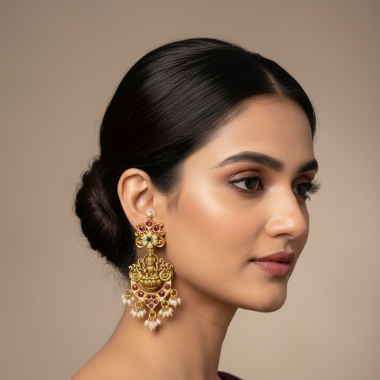 92.5 Silver Gold Plated Lakshmi Devi Earrings for Women | Traditional Temple Design | Spiritual Jewellery
