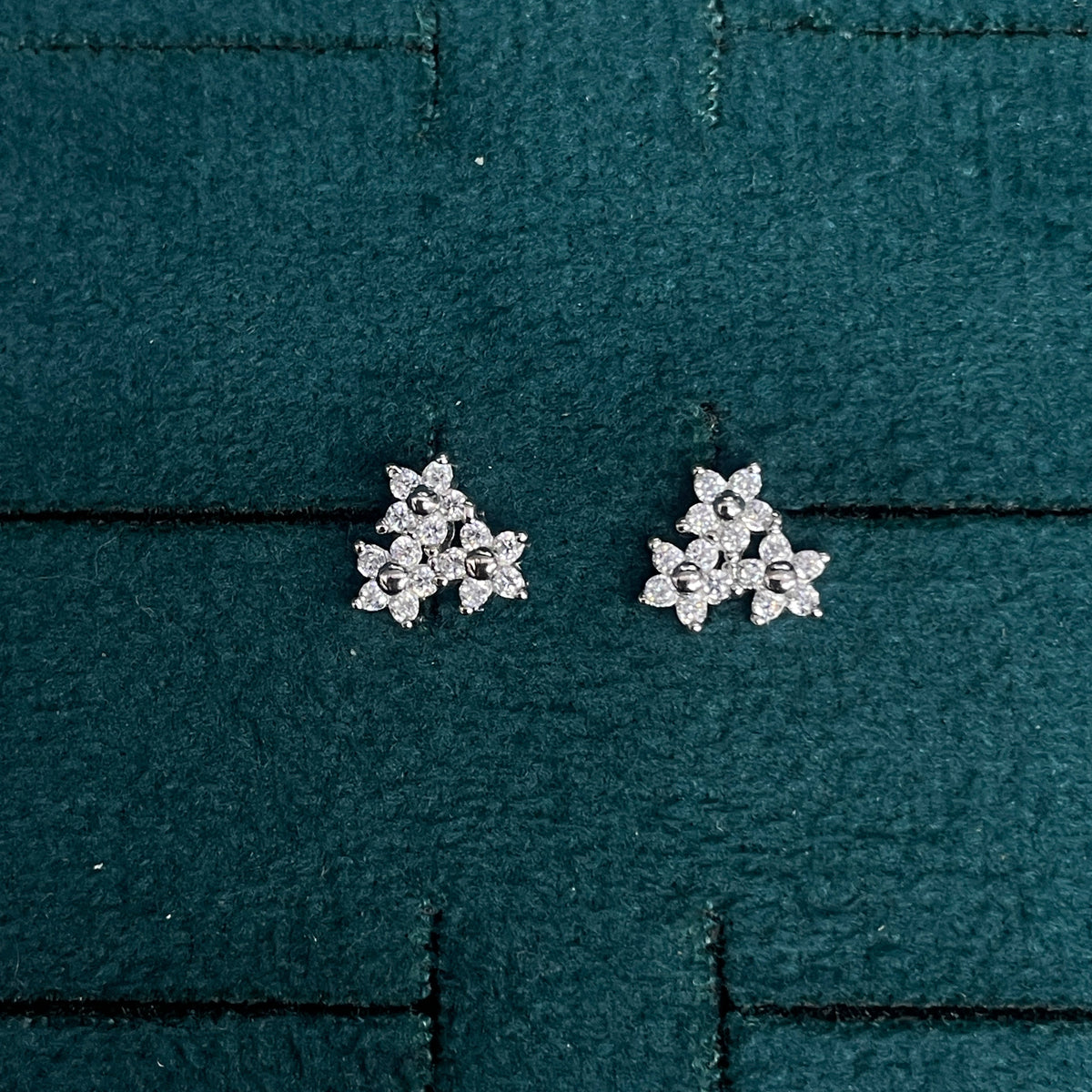 92.5 Silver Clear Stone Triple Flower Studs Pair