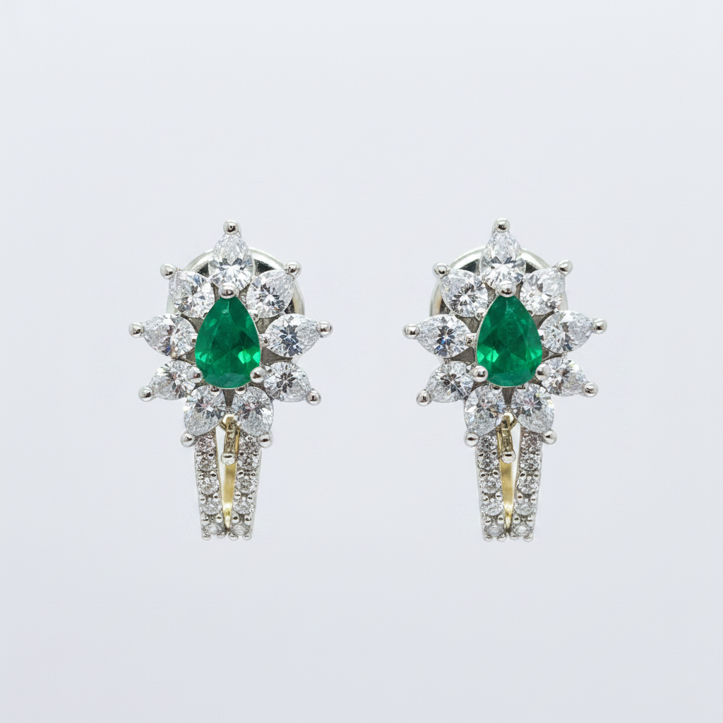 92.5 Silver Gold Plated Green Emerald J Studs