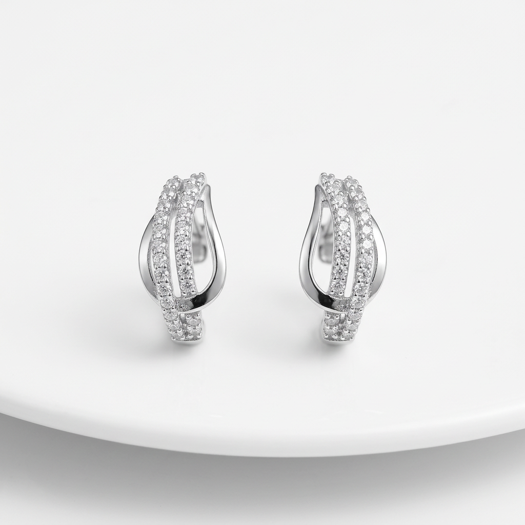 92.5 Silver Clear Stone Crossover Stud Earrings Pair
