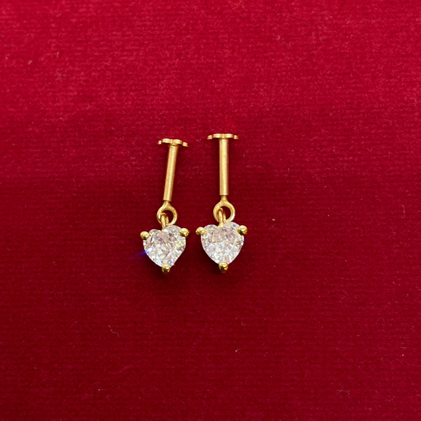 Gold Plated 92.5 Sterling Silver Heart CZ Solitaire Bugadi for Women | Minimal Heart Dangle Bar Drop | Helix Earring Pair