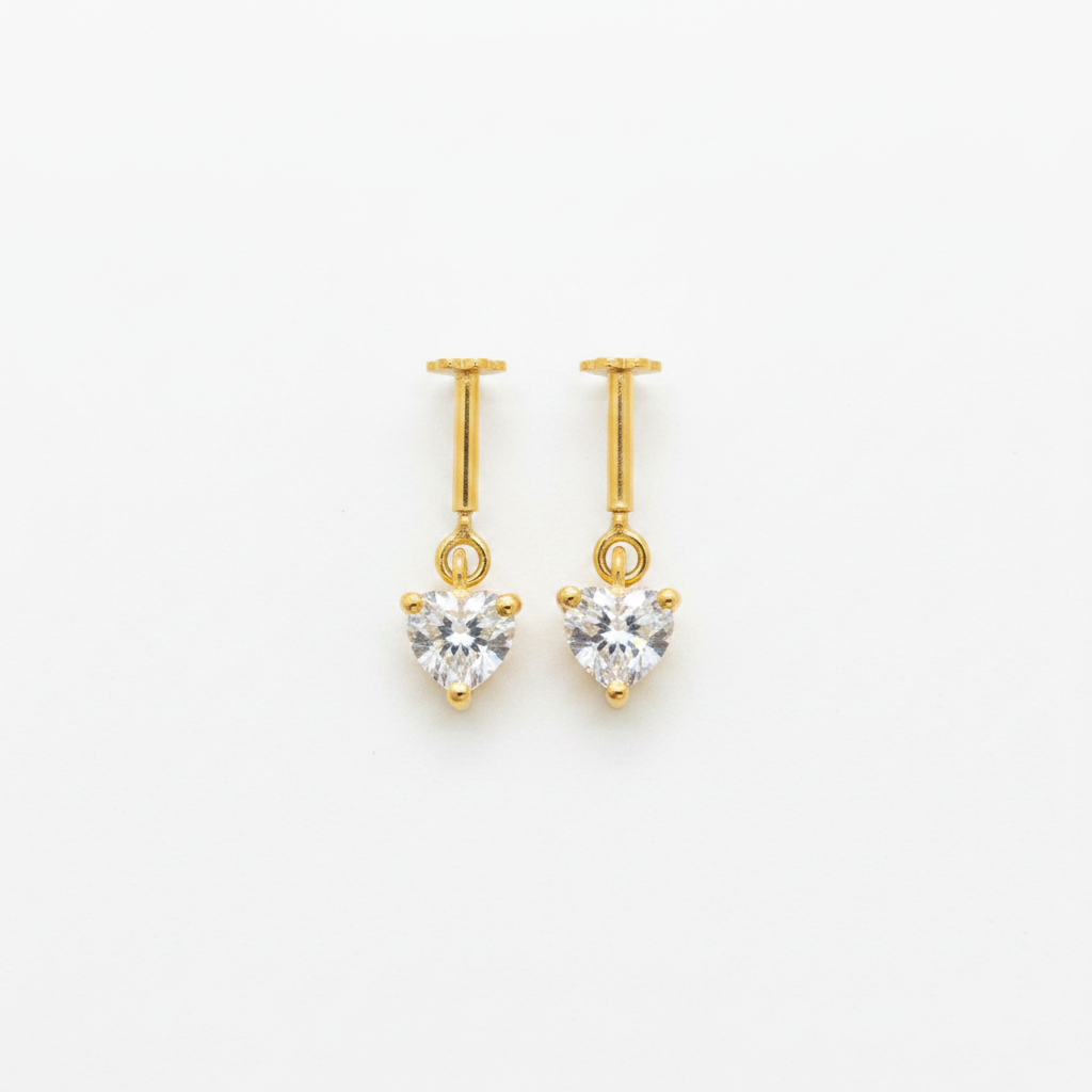 Gold Plated 92.5 Sterling Silver Heart CZ Solitaire Bugadi for Women | Minimal Heart Dangle Bar Drop | Helix Earring Pair