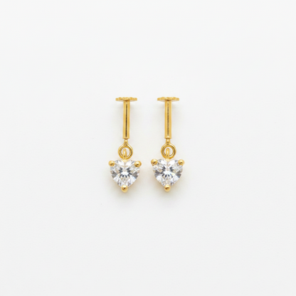 Gold Plated 92.5 Sterling Silver Heart CZ Solitaire Bugadi for Women | Minimal Heart Dangle Bar Drop | Helix Earring Pair