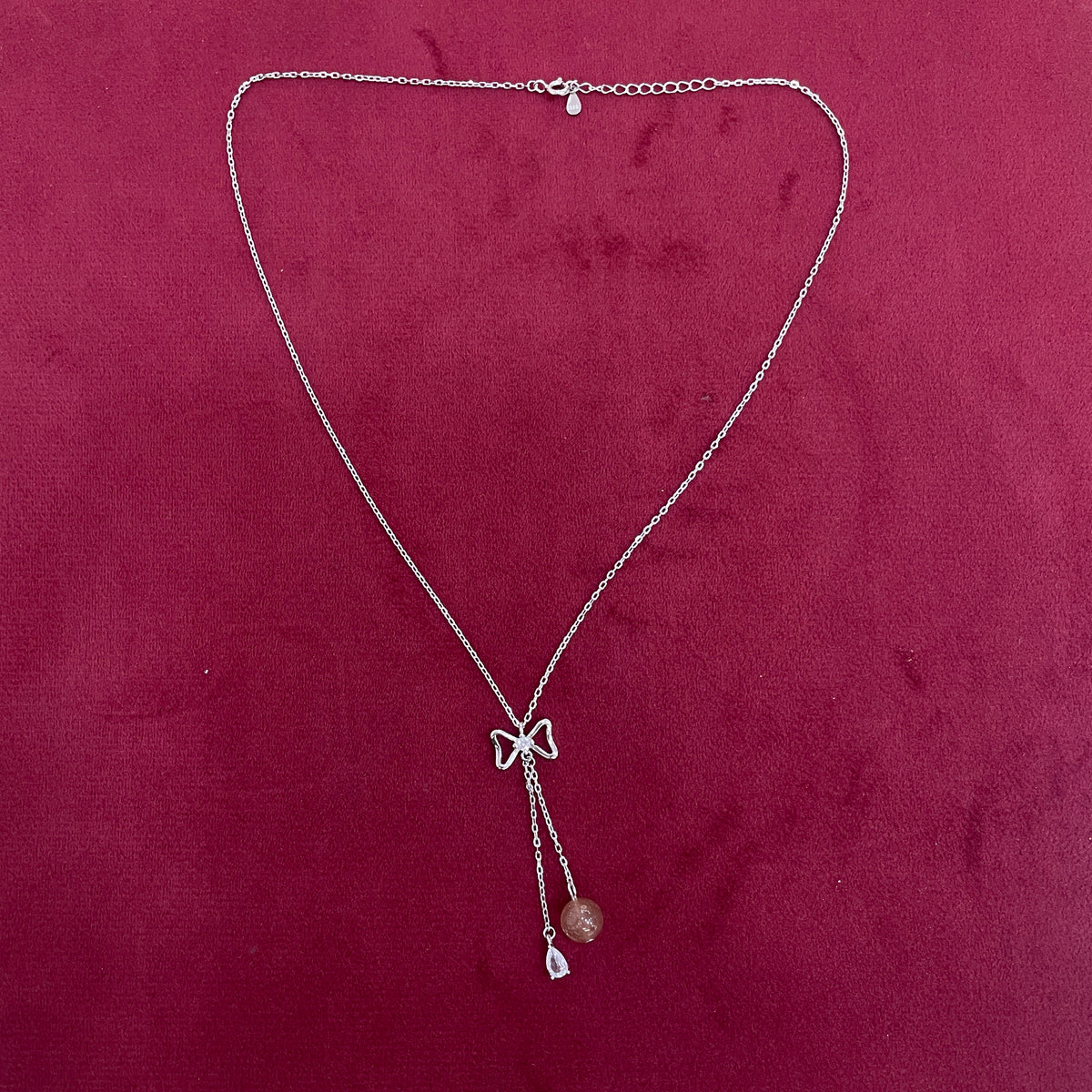 92.5 Silver CZ Bow & Brown Bead Necklace for Women