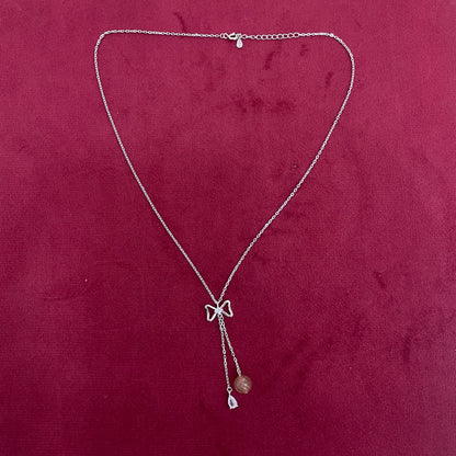92.5 Silver CZ Bow & Brown Bead Necklace for Women