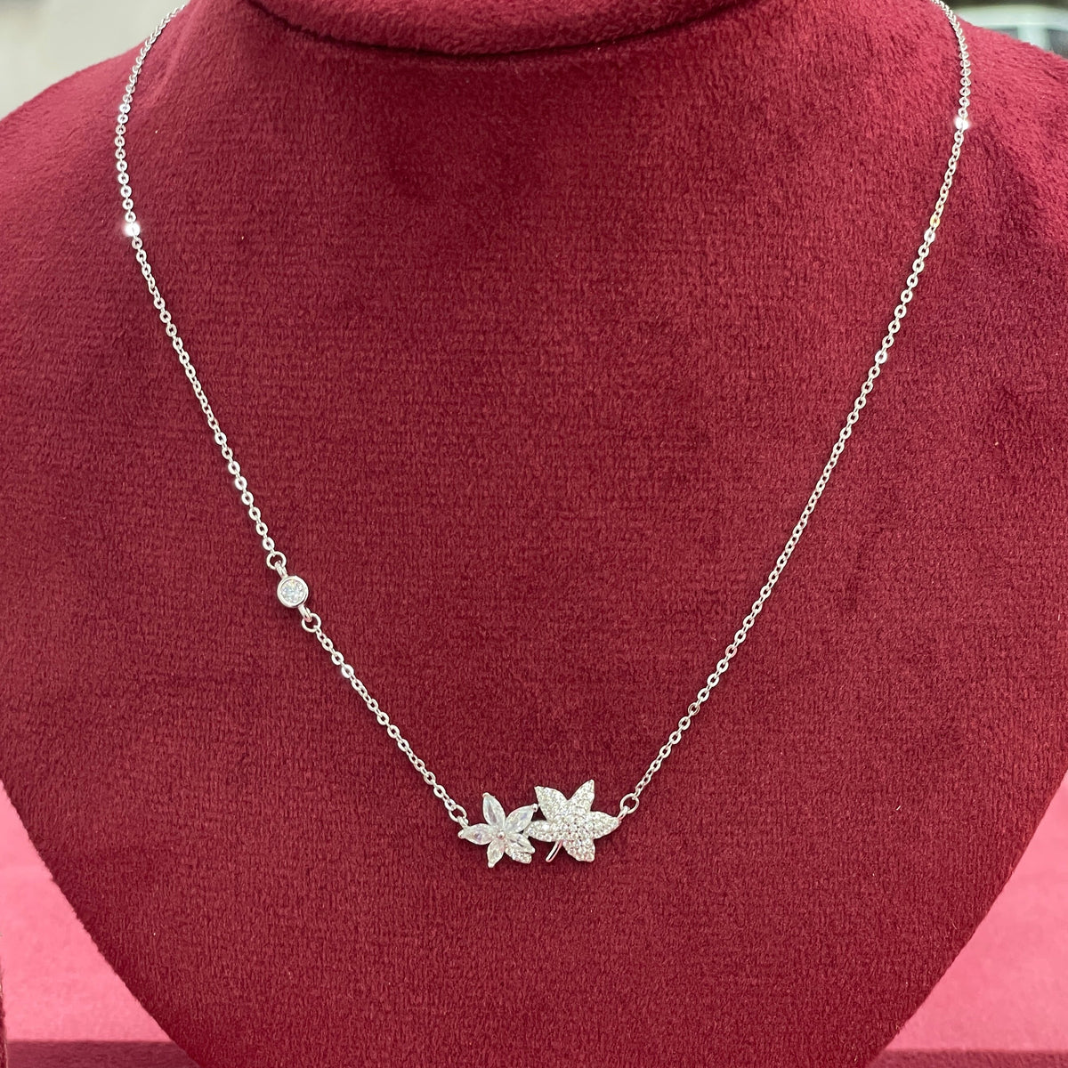 92.5 Silver Pave CZ & Plain Silver Dual Flower Cluster Pendant Necklace for Women
