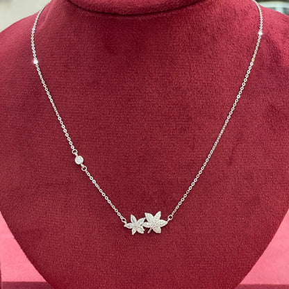 92.5 Silver Pave CZ & Plain Silver Dual Flower Cluster Pendant Necklace for Women