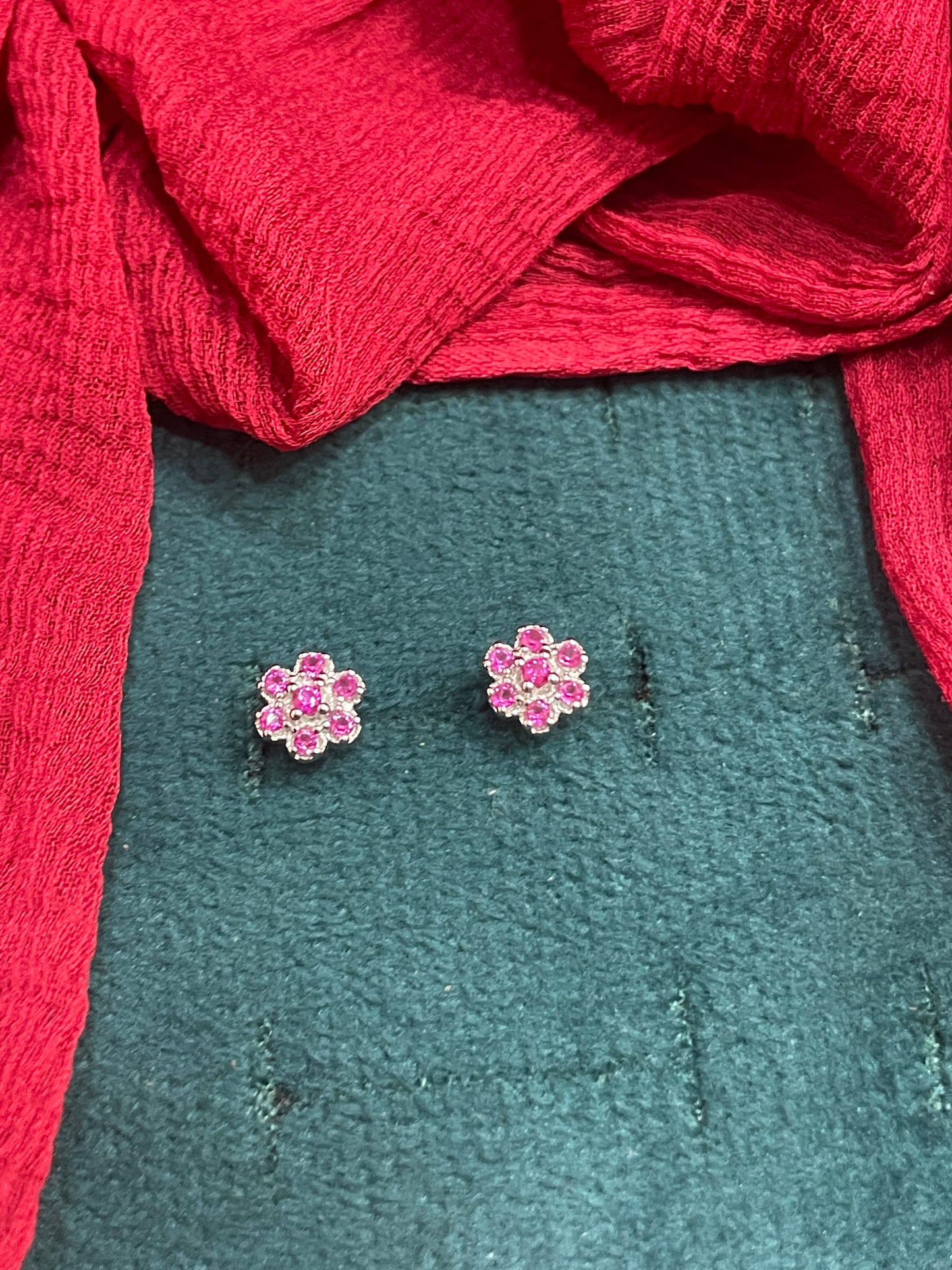 92.5 Silver Ruby Flower Studs Pair