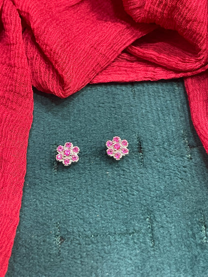 92.5 Silver Ruby Flower Studs Pair