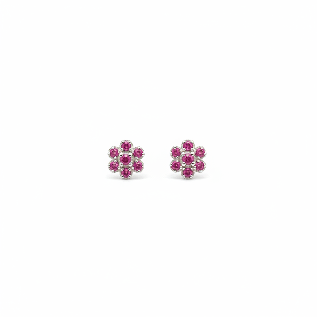 92.5 Silver Ruby Flower Studs Pair