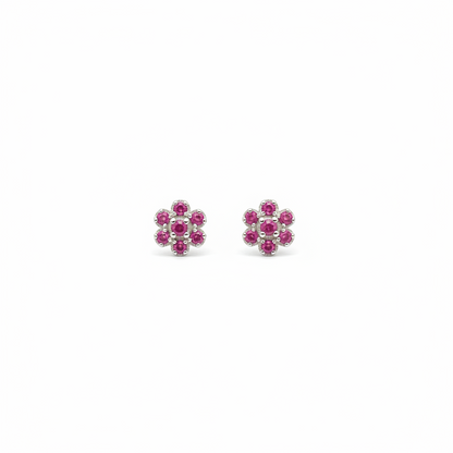 92.5 Silver Ruby Flower Studs Pair