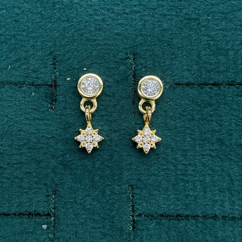 92.5 Sterling Silver Gold Plated Round Bezel White CZ Solitaire & CZ Star Drop Earrings for Women