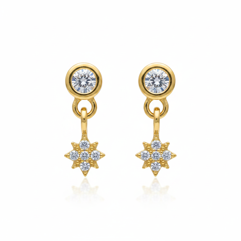 92.5 Sterling Silver Gold Plated Round Bezel White CZ Solitaire & CZ Star Drop Earrings for Women