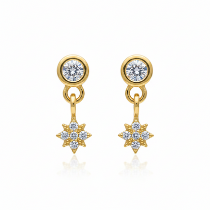 92.5 Sterling Silver Gold Plated Round Bezel White CZ Solitaire & CZ Star Drop Earrings for Women