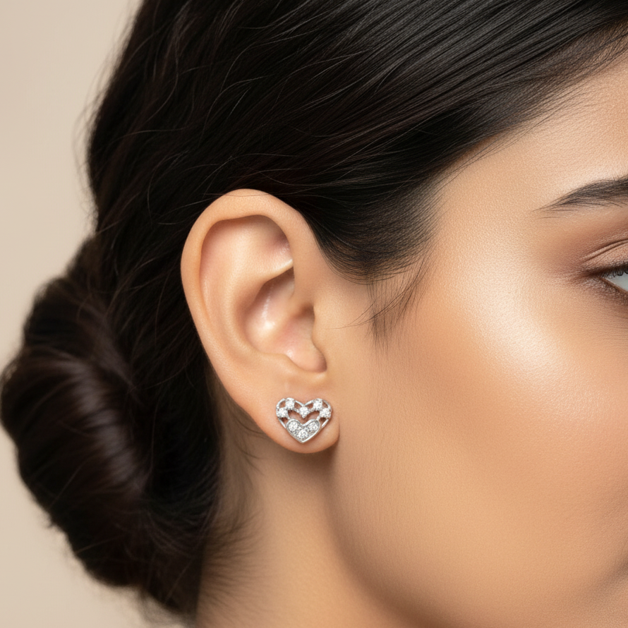 925 Silver Cute Heart Studs - Ball back