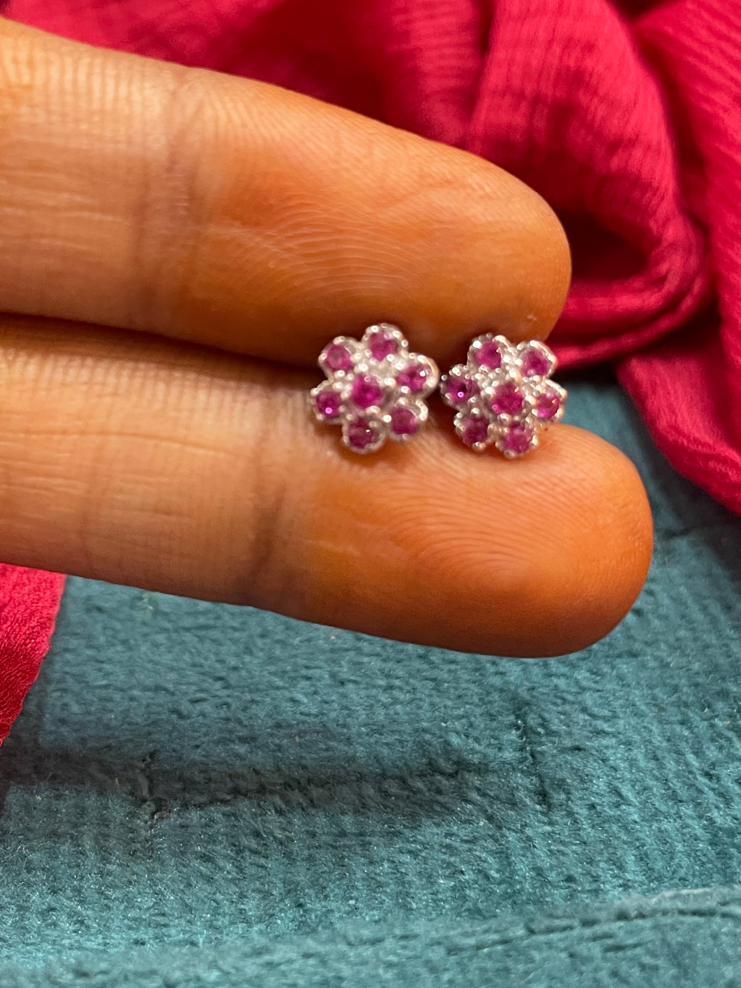 92.5 Silver Ruby Flower Studs Pair