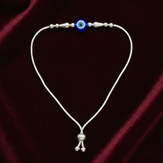 92.5 Silver Evil Eye Teardrop Charm Adjustable Bracelet for Women | Blue Bead Design