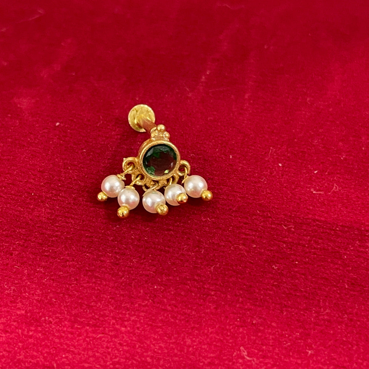 Gold Plated 92.5 Sterling Silver Emerald Green CZ & Pearl Cluster Stud Earrings for Women | Temple-Inspired Emerald Pearl Fan Drop Studs pair