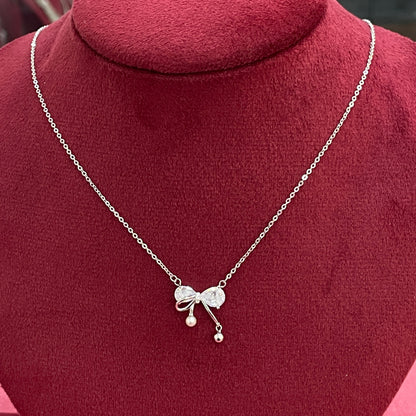 92.5 Silver Pave CZ Bow Pendant Necklace with Pearl & Silver Ball Drops for Women