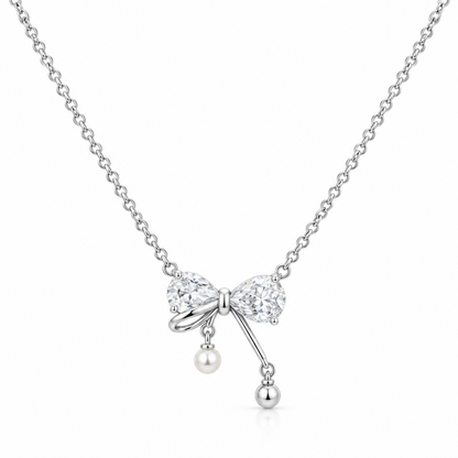 92.5 Silver Pave CZ Bow Pendant Necklace with Pearl & Silver Ball Drops for Women