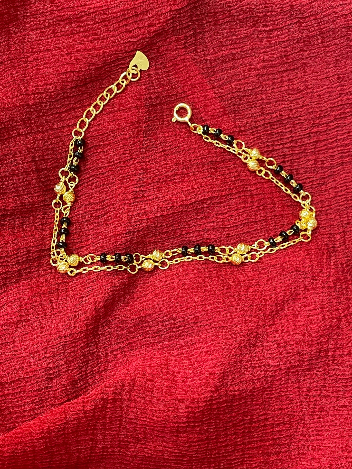 92.5 Silver Gold Plated Double Line Black Bead Bracelet for Women 8 Inches | Stylish Layered Design | Elegant Jewellery
