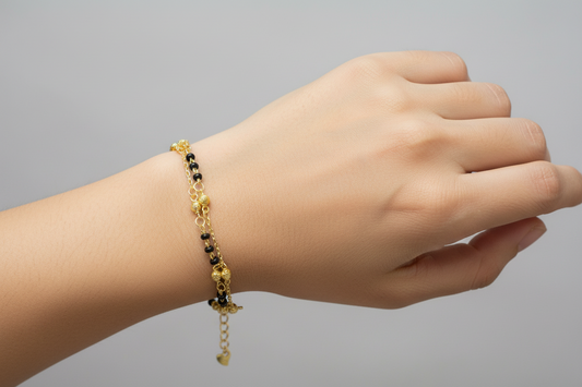 92.5 Silver Gold Plated Double Line Black Bead Bracelet for Women 8 Inches | Stylish Layered Design | Elegant Jewellery