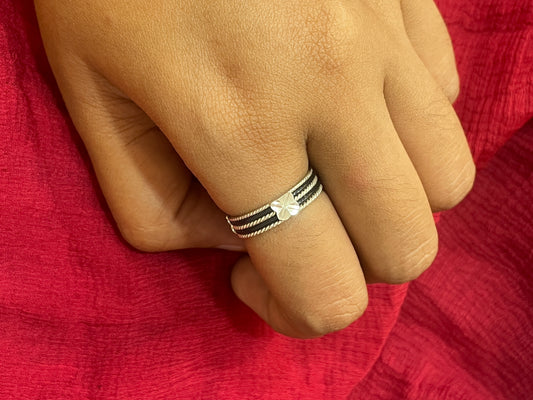 92.5 Silver Black Thread Ring for Men | Four Clove Fiber Design | Stylish Modern Jewellery