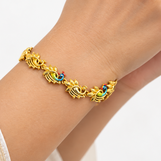 92.5 Silver Gold Plated Enamel Peacock Motif Bracelet for Women