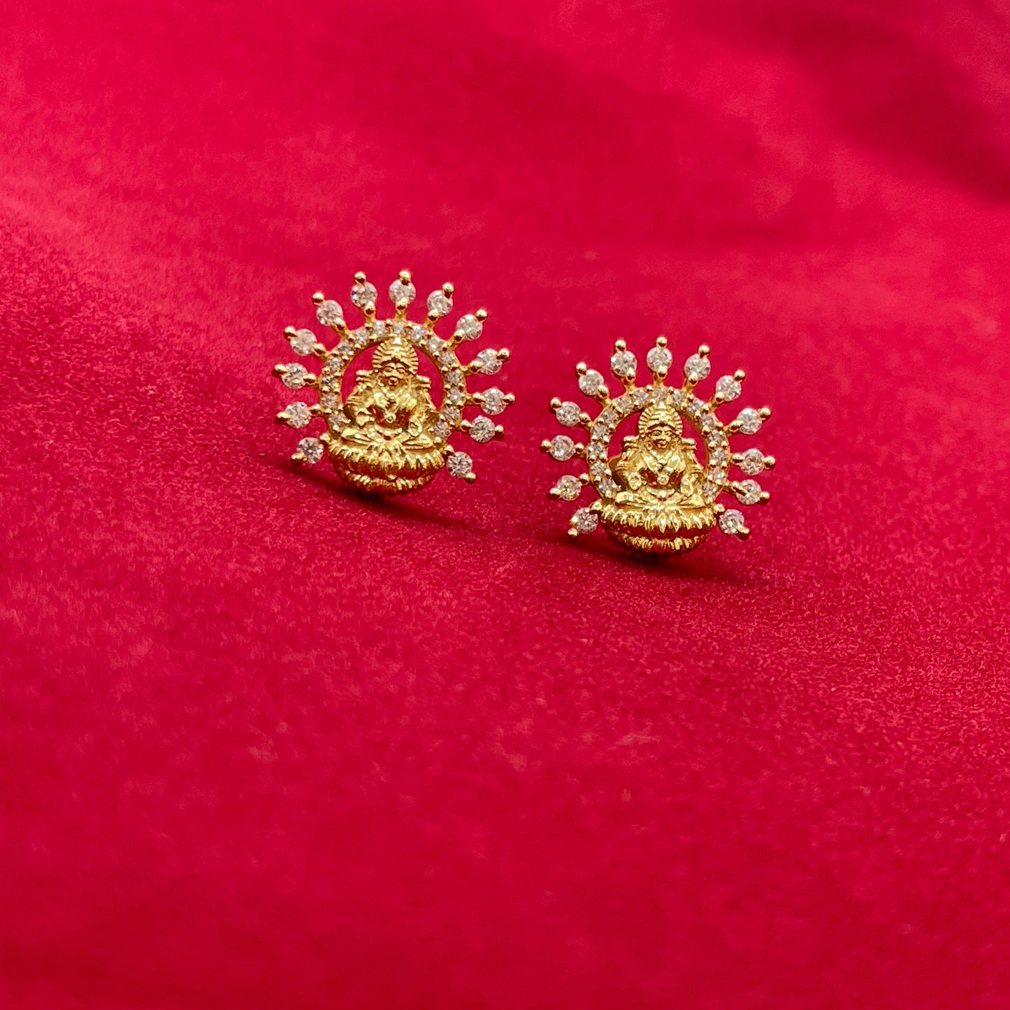 Gold Plated 92.5 Sterling Silver Goddess Lakshmi Stud Earrings for Women | CZ Halo Temple Jewellery Lakshmi Studs