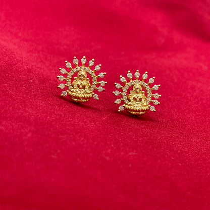 Gold Plated 92.5 Sterling Silver Goddess Lakshmi Stud Earrings for Women | CZ Halo Temple Jewellery Lakshmi Studs