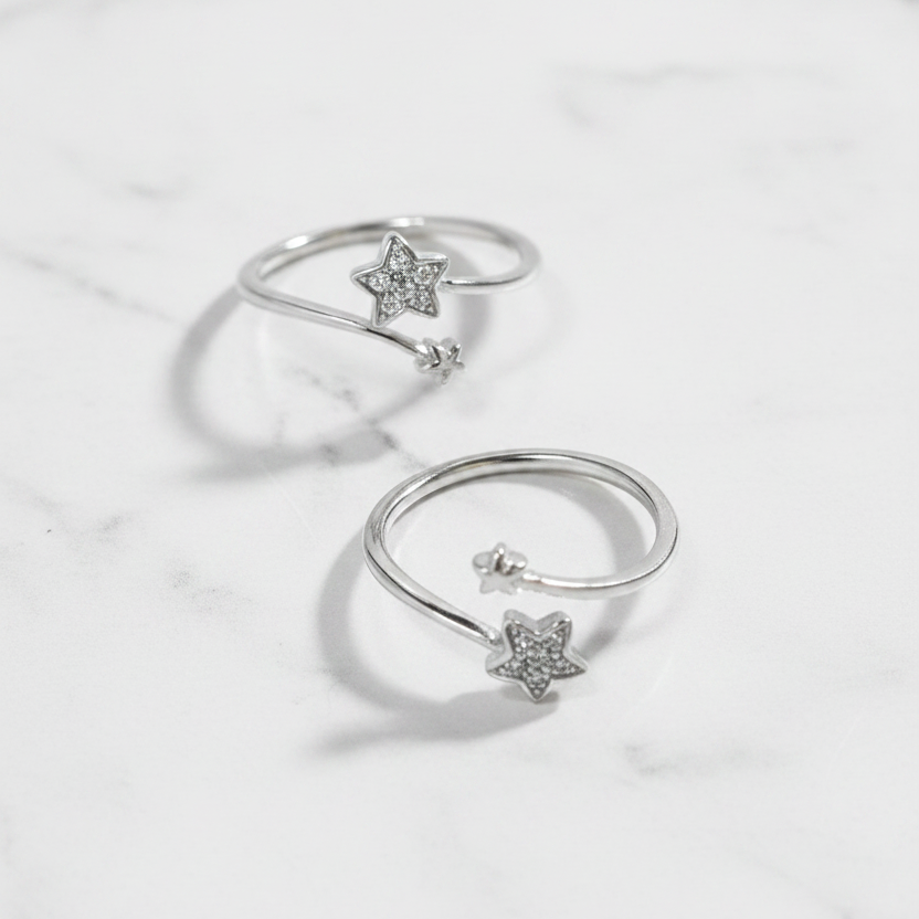92.5 Sterling Silver Dual Star Toe Rings for Women | Double Band Elegant Design