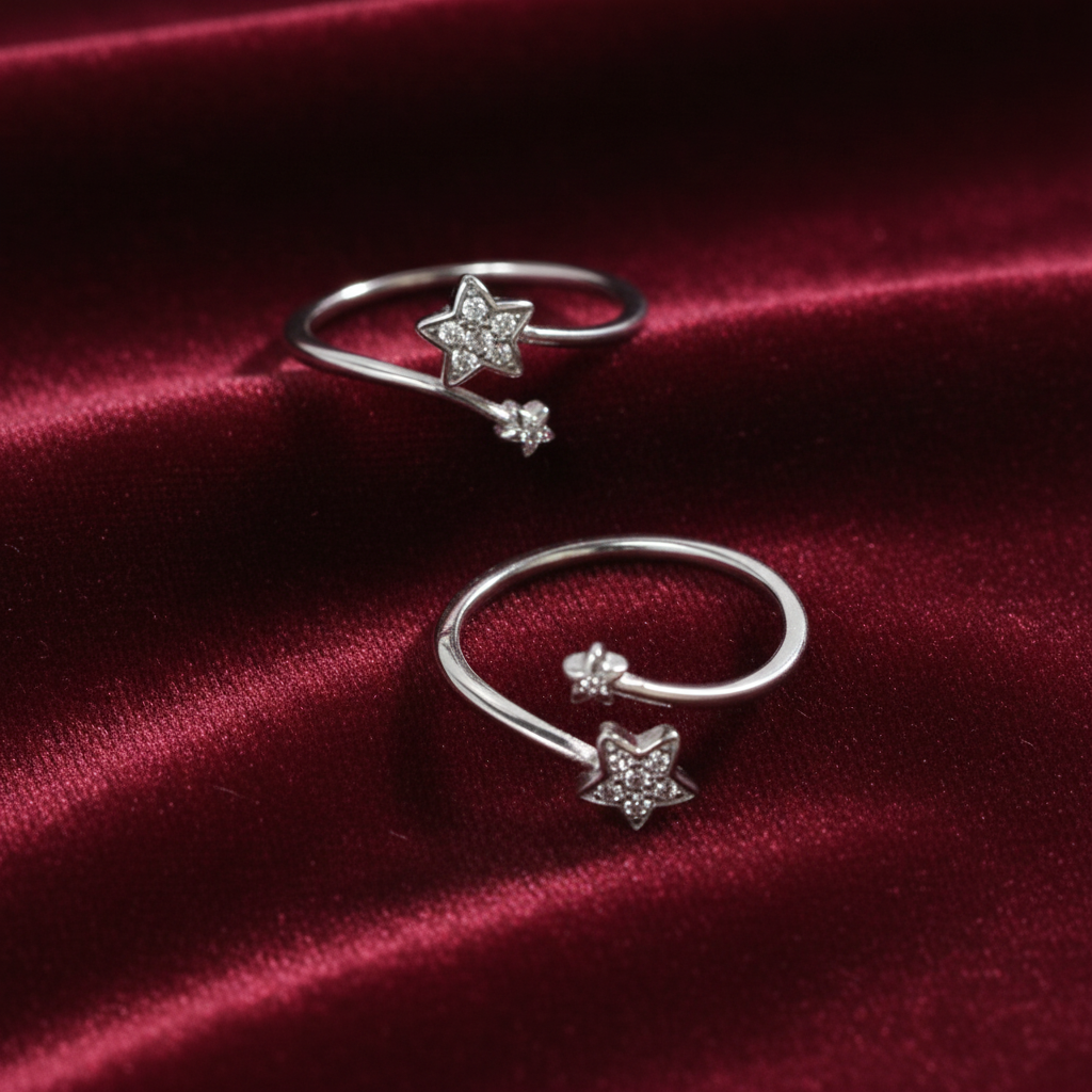 92.5 Sterling Silver Dual Star Toe Rings for Women | Double Band Elegant Design