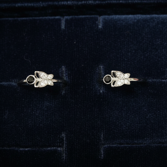 92.5 Silver Butterfly & Black Stone Toe Rings | Stylish Dual Design | Jewellery