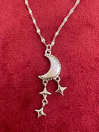 92.5 Silver Crescent Moon & Dangling Star Pendant Necklace for Women