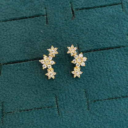 92.5 Silver Gold Plated Triple Flower Stud Earrings Pair